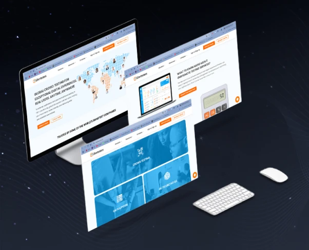 Tres mockups de sitios corporativos con paleta naranja y azul sobre fondo estrellado.