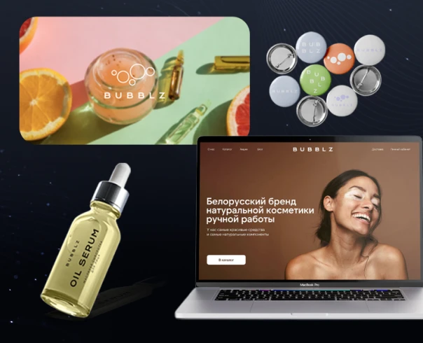 Productos de cosmética Bubblz y mockup de tienda en laptop con paleta naranja.