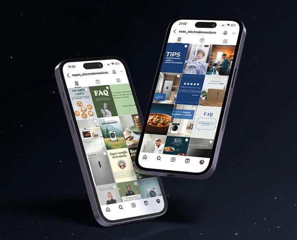 Dos iPhones mostrando contenido de Instagram con tarjetas FAQ y TIPS.