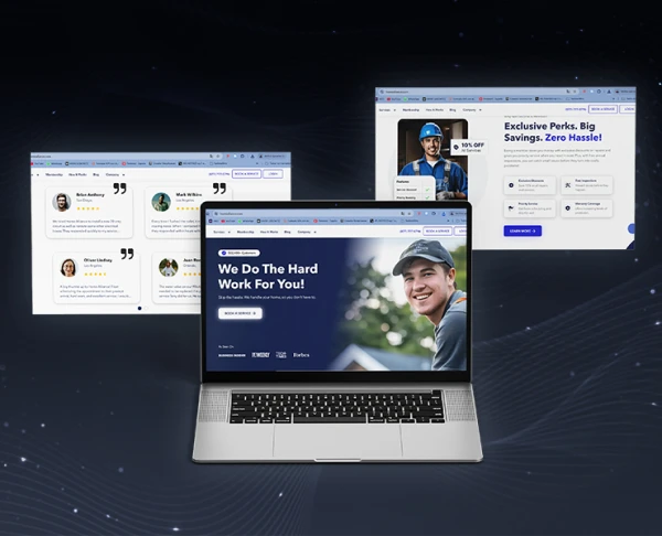 Mockups de landing B2B 'We Do The Hard Work For You' en navegador y laptop.